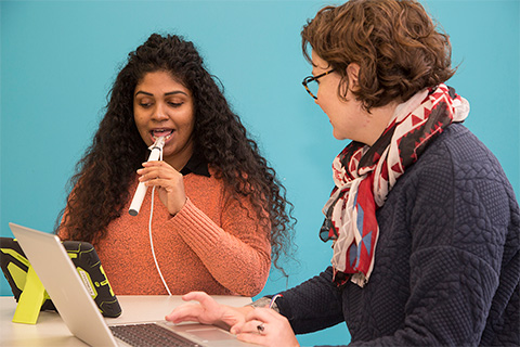Woman''s taste being tested through tongue monitor