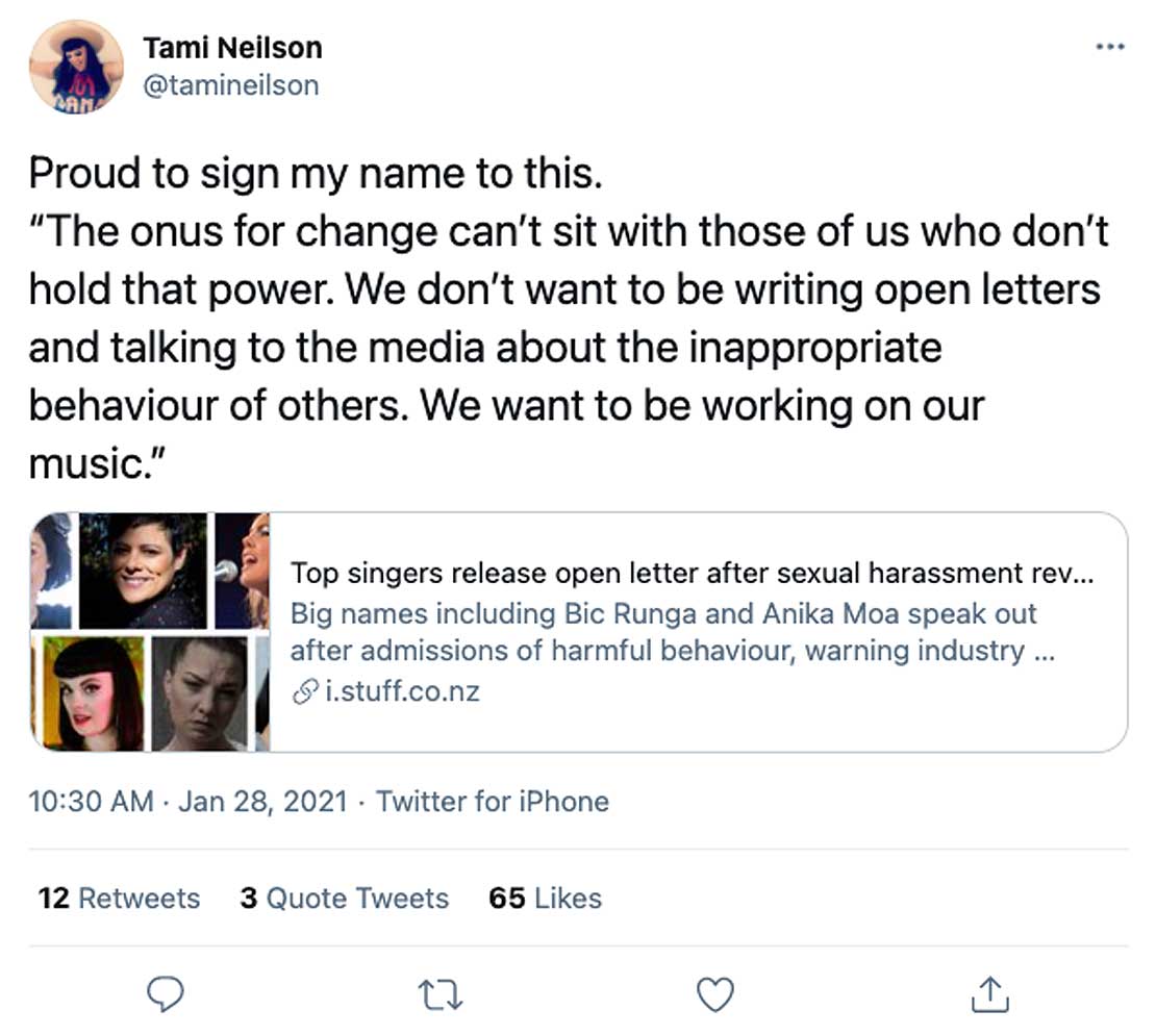 A screenshot of a tweet from artist Tami Neilson about the open letter to the music industry.
